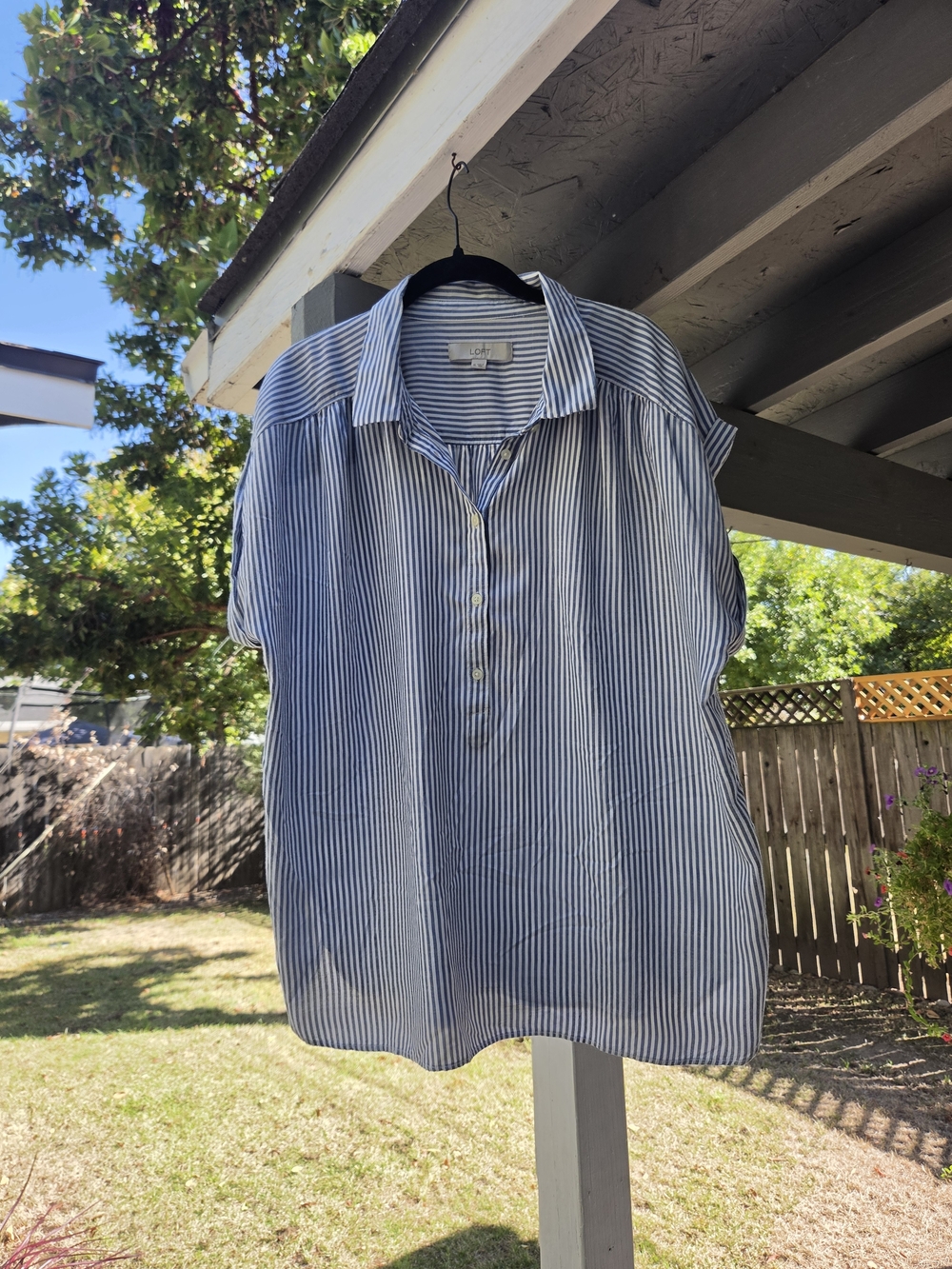 LOFT Blue and White Striped Doleman Henley Short-Sleeve Top